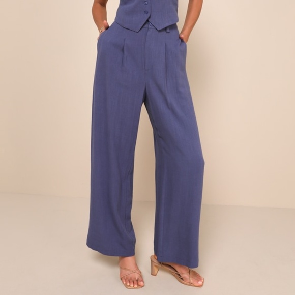 Lulus Pants - Lulus Suits You Perfectly Dark Blue Linen Wide-leg Pants - Size L
